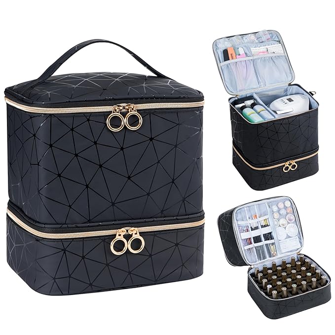 Uross Nail Polish Organizer Bag Holds 30 Bottles Nail Polish & Nail Kit -Nail Polish Storage Organizer Bag Nail Supplies Organizer Case for Nail Tech - Black
