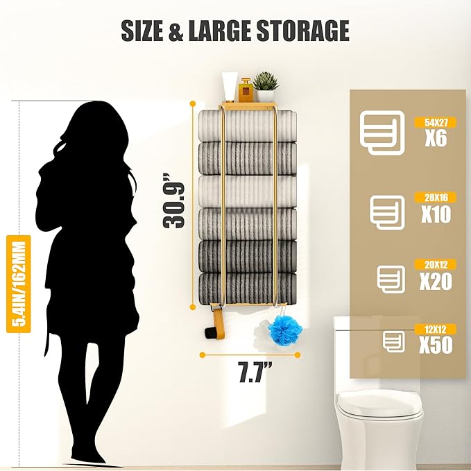Towel Racks for Bathroom, Elegant Curved Bathroom Towel Storage Wall Mounted 30 inch with Shelf Can Holds 6 Large Towels, Wall Towel Rack for Rolled Towels, Gold