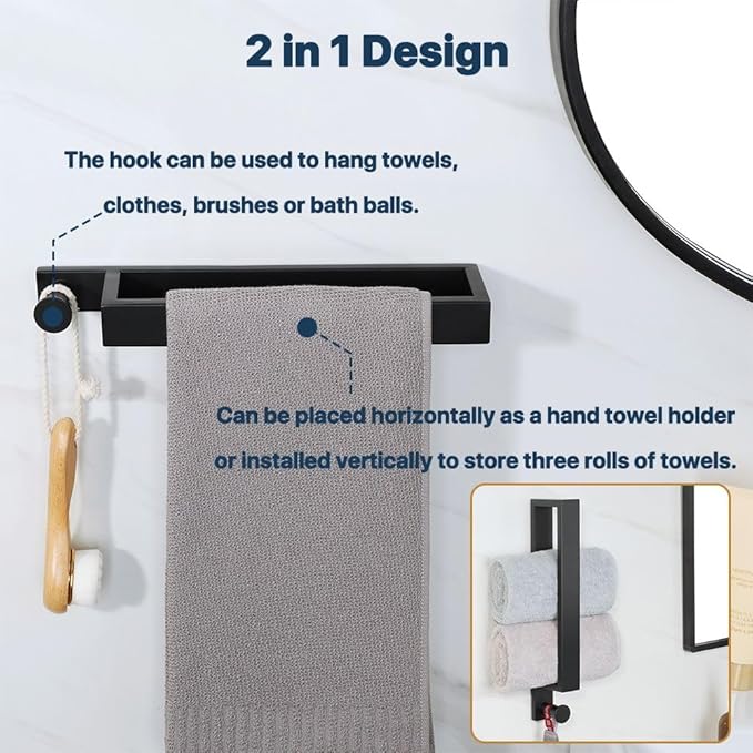 Sayayo Matte Black Towel Bar with Hook, 12 Inch Bathroom Towel Rack Wall Mounted, Hand Towel Ring Holder SUS304 Stainless Steel