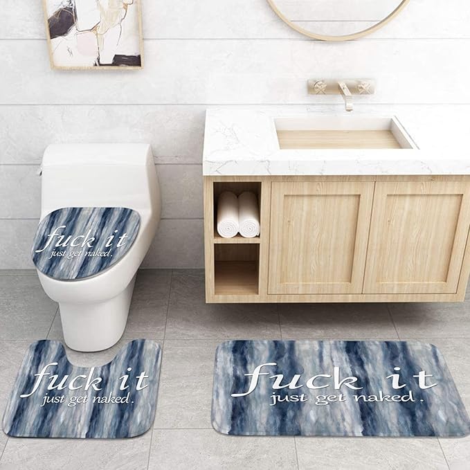ArtSocket 4PC Funny Get Naked Blue Painting Art Modern Abstract Shower Curtain Sets Bathroom Decor with Rugs, Non-Slip Rug,Toilet Lid Cover, Bath Mat and 12 Hooks 72x72 inches