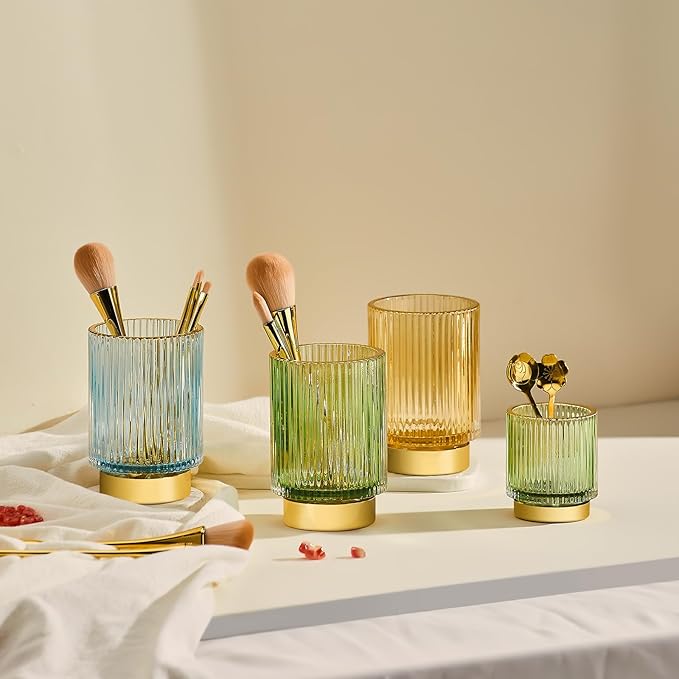 Makeup Brush Holder Organizer,Toothbrush Holders,Desk Pen Pencil Holder,Multifunctional Vintage Glass Brush Cup（S+L/Green/A3-1-US）