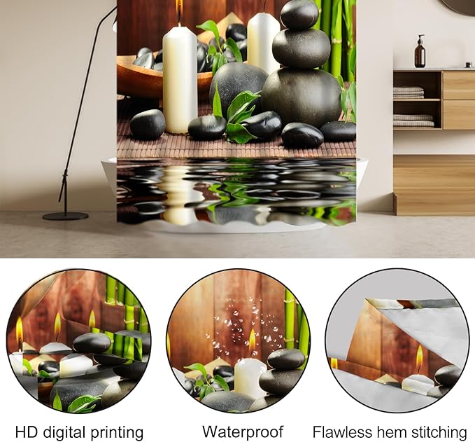 Lnond 4Pcs Spa Bathroom Shower Curtain Sets with Rugs, Stone Bamboo Bathroom Sets with Shower Curtain and Rugs and Accessories