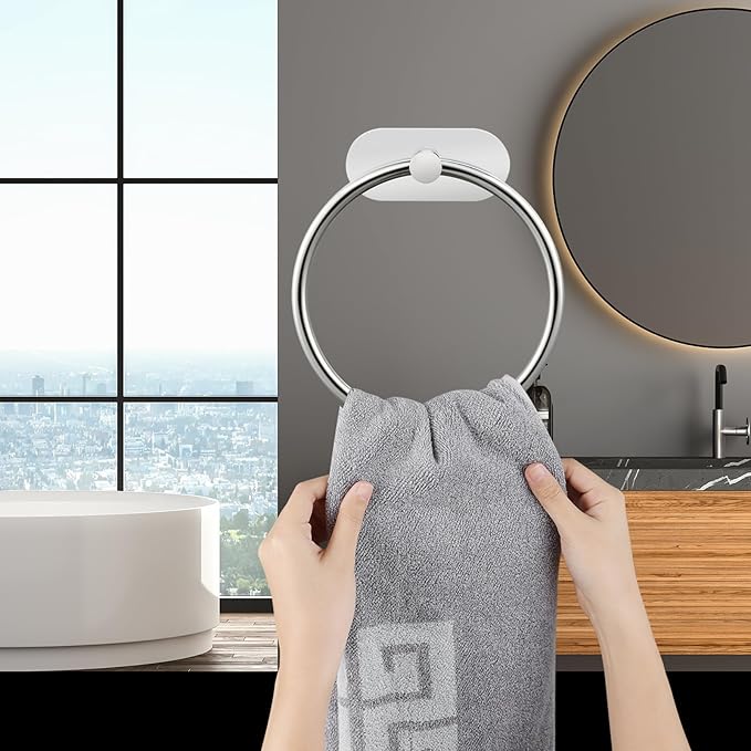 Self Adhesive Towel Ring and Toilet Paper Holder, No Drilling Stainless Steel Bathroom Hardware Set, Sturdy Bathroom Accessories for Home or Kitchen, Wall Mounted (Chrome)