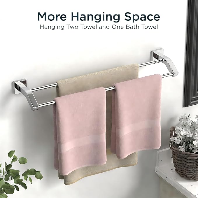 FORIOUS Double Towel Bar, 24 Inch Dual Towel Racks for Bathroom Wall Mounted, Thicken SUS304 Stainless Steel Bath Square Towel Rod Towel Holder Rail, Chrome