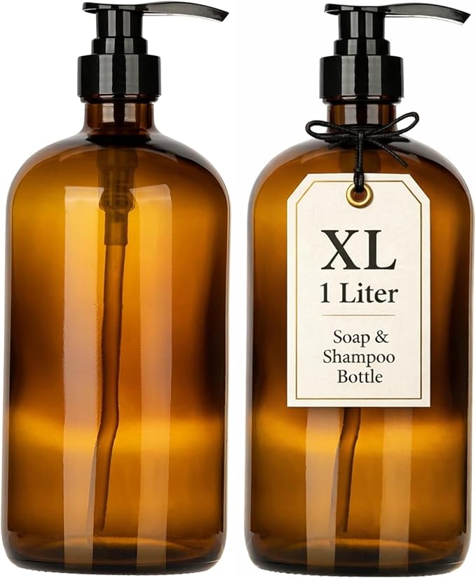 32 Ounce Glass Shampoo and Conditioner Dispenser Bottle with Pump, Shower - 1 Liter Body Wash Dispenser for Shower- by Kitchentoolz