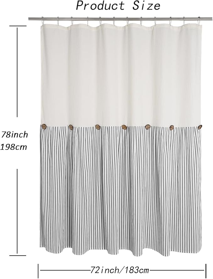 Farmhouse Shower Curtain, Beige and Black Striped, Button Curtain, Spa Waffle and Cotton Woven Fabric, Rustic Charm Country Chic Style, 72x78 in