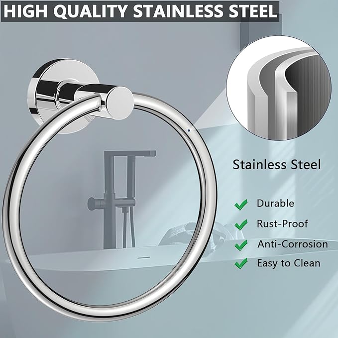 WOOPHEN Hand Towel Ring, Thicken Stainless Steel Bath Towel Holder Modern Round Towel Hanger Wall Mounted for Bathroom, Kitchen (Chrome Finish)