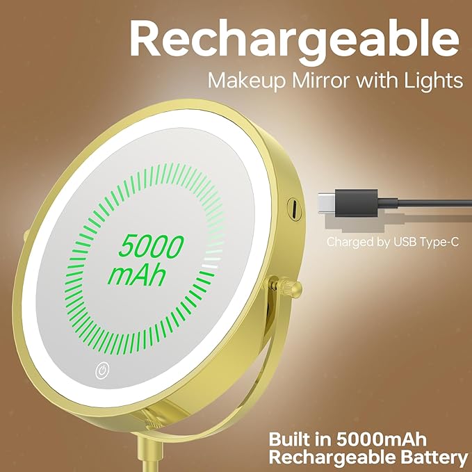 9" Lighted Makeup Mirror with 1X 10x Magnification, 5000mAh Rechargeable Magnifying Vanity mirror with lights, 3 Lighting Color, Dimmable and Height Adjustable Cordless Cosmetic Mirror (10X Gold)