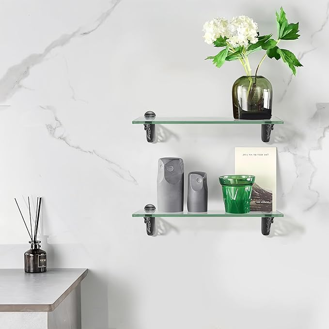 khtumeware 24 Inches Glass Shelves for Bathroom, Black Floating Glass Shelf Zinc Tempered Glass Bathroom Shelves for Wall Mount Modern