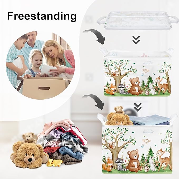Forest Animals Laundry Hamper Woodland Tree Large Storage Basket Parents Organizer Kids Clothes Toy Bins for Bedroom, Bathroom, Bear, 36L