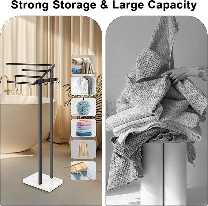 HarJue Towel Rack for Bathroom, 36” H Towel Holder Stand, Bath Towels Sheet Holder with Marble Base, Standing Rack for Home Pool Outdoor Floor, Store Family Member Towels (Black, 36” H-Hooks)