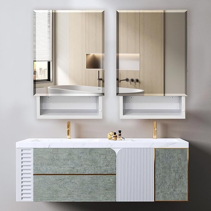 16x26 Bathroom Mirror with Storage, Recessed & Surface Mount Medicine Cabinet, Beveled Edge Bathroom Cabinet with Mirror, Wall Mounted Mirror Cabinet, with Modern Sleek Design