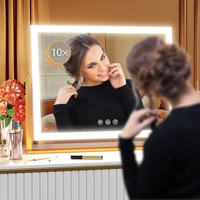 Gvnkvn Lighted Makeup Mirror, 17.3"x13" Hollywood Vanity Mirror with Lights, Three Color Lighting Modes, and 5X Magnification Mirror, Smart Touch Control, 360°Rotation (Gold, Gift Box)