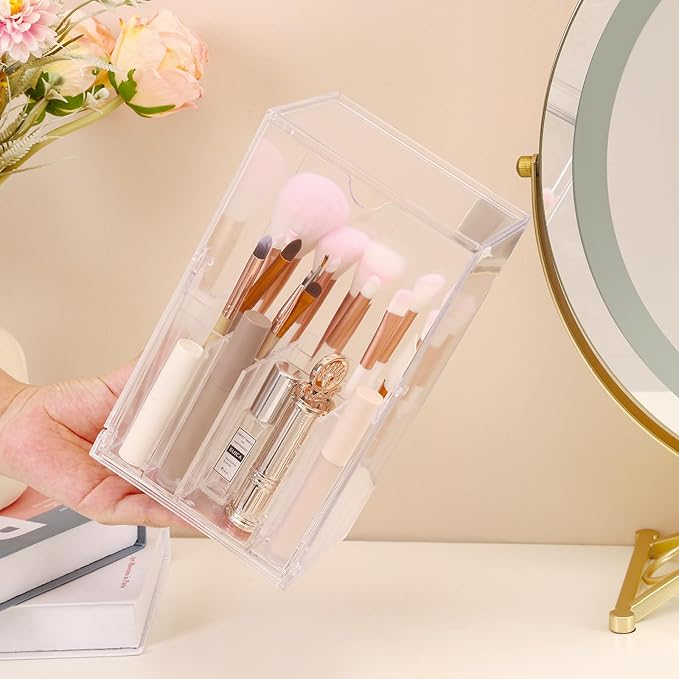 Acrylic Makeup Brush Holder with Slanted Flip-Top Lid - Clear Dustproof Cosmetic Make up Brush Organizer and Storage Box - Large Capacity 17-Slots Container for Vanity Brushes (Transparent)