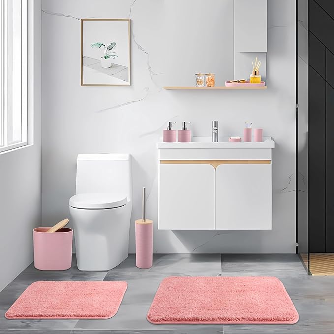 XLHOMO Bathroom Set - Pink Bathroom Accessories Set, Bathroom Sets with Shower Curtain and Rugs, 25PC Shower Curtain Set with Hooks, Soap Dispenser, Soap Dish, Toilet Brush Holder and Trash Can