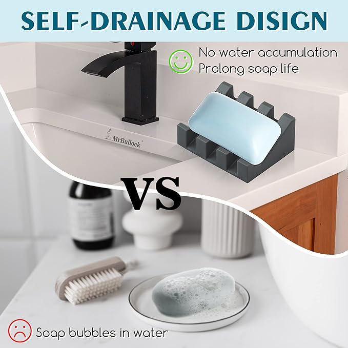 Silicone Soap Dish for Bar Soap Holder for Shower Bathroom Self Draining Waterfall Drying Tray Keep Soap Bars Dry Clean & Easy Cleaning (Grey, 2)