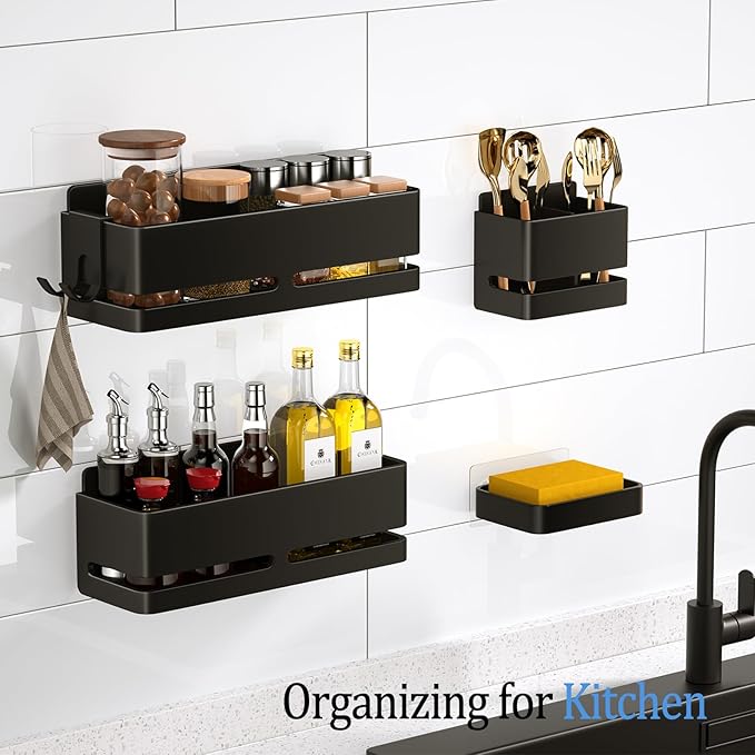 Bathroom Shower Caddy (5-piece Set), wall-Mounted Shelf with soap Dish and Toothbrush Holder, no Drilling Required, Ideal for Bathroom Storage and Also Suitable for Kitchen (Black)