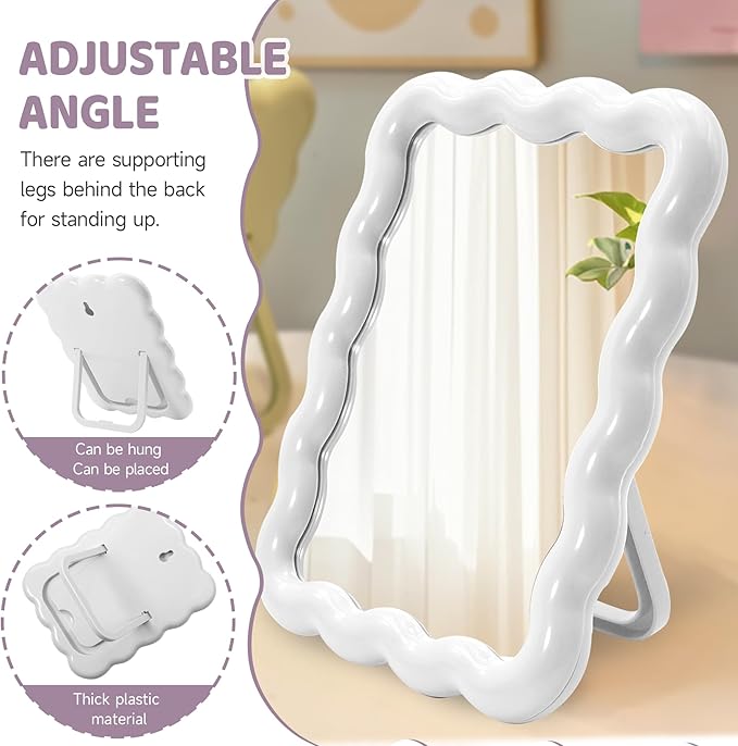 Philbinden Cute Wave-Shaped Desk Vanity Makeup Mirror,Portable Aesthetic Folding Mirror Travel Make Up Mirror for Standing/Hanging,Home Decorations Mirror for Women Girls (1, White)
