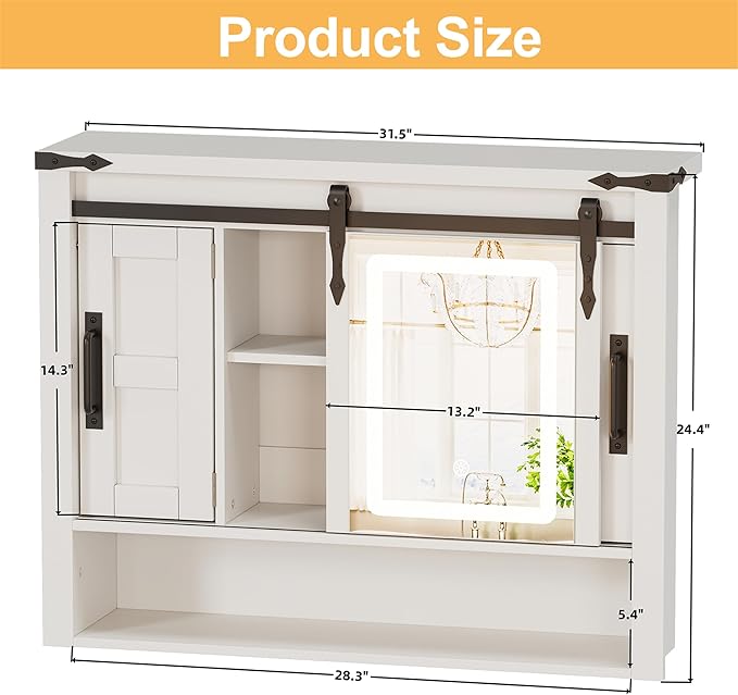 Bathroom Medicine Cabinet with Mirror, Wall Mounted Medicine Cabinet with Color Adjustment LED Lights, Mirrored Over The Toilet Storage Cabinet with Sliding Barn Door & 2 Adjustable Shelf,White