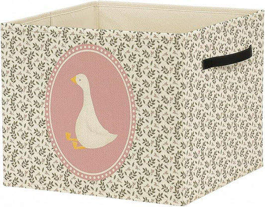 Pink Goose Nursery Storage Bin Box with Handles, Cottagecore Cute Goose Flower Foldable Baskets Organizer for Kids Girls Room Nursery Bathroom Clothes Toys Books, Toybox for Girls