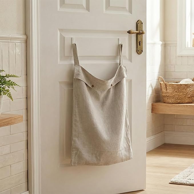 100% Linen Hanging Laundry Hamper Bag 20x27 Inch, Over the Door with 2 Buttons and Bottom Zipper Saving Space Wall Back organizers For Dirty Clothes Dorm Travel College Camp Sock Large Capacity,Linen