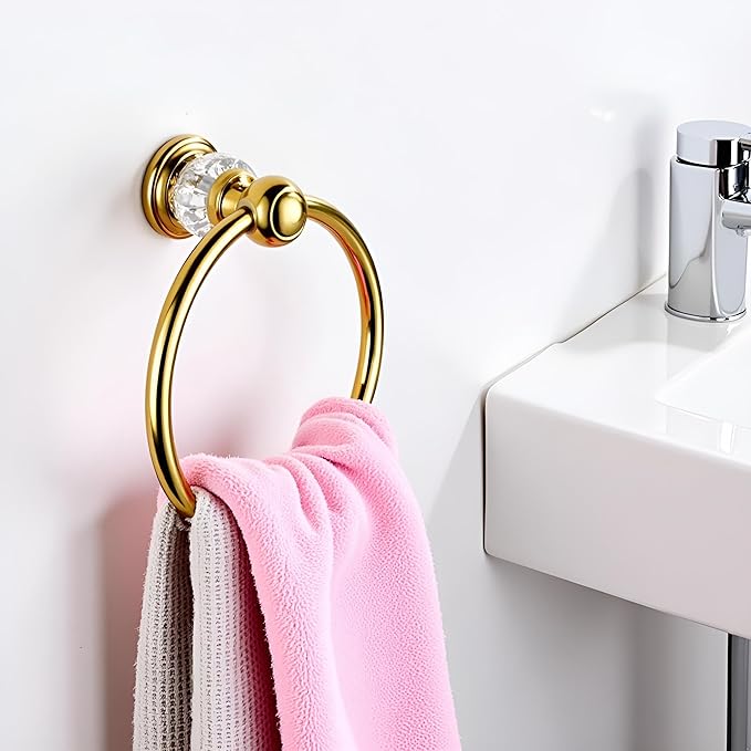 Crystal Towel Ring,Gold Hand Towel Holder Bathroom,Round Hand Towel Rack Wall Mounted Bling Bathroom Accessories