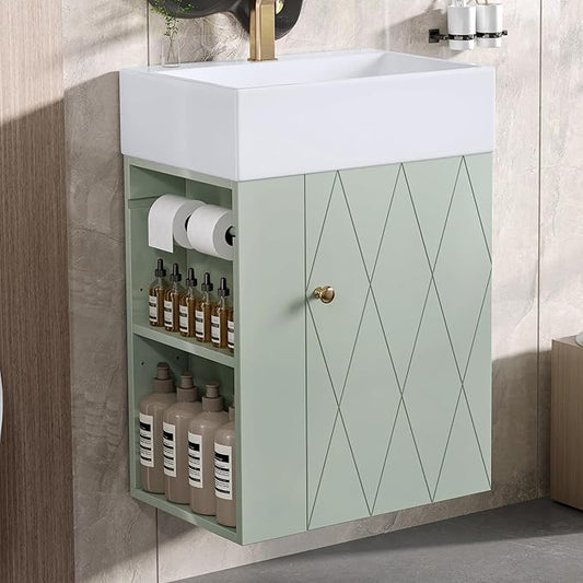 Virubi 20" Floating Bathroom Vanity with Sink, Soft Closing Door,and Storage Shelves, Solid Wood Frame & MDF Modern Single Small Bathroom Vanity Cabinet with Open Shelf,Wall Mounted (Green)
