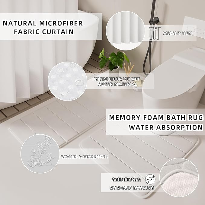 XLHOMO Bathroom Set - 25PC White Bathroom Set with Shower Curtain and Rugs, Bathroom Accessories Set, White Shower Curtain Set with Bathroom Trash Can