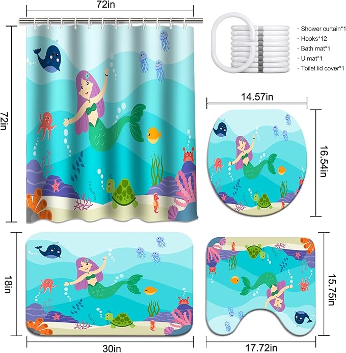 Lnond 4 Pcs Kids Bathroom Shower Curtain Set, Blue Mermaid Bathroom Sets for Kids Bathroom Decoration with Shower Curtain, Non Slip Bathroom Rugs, Toilet Lid Cover, U Toilet Mat and 12 Hooks