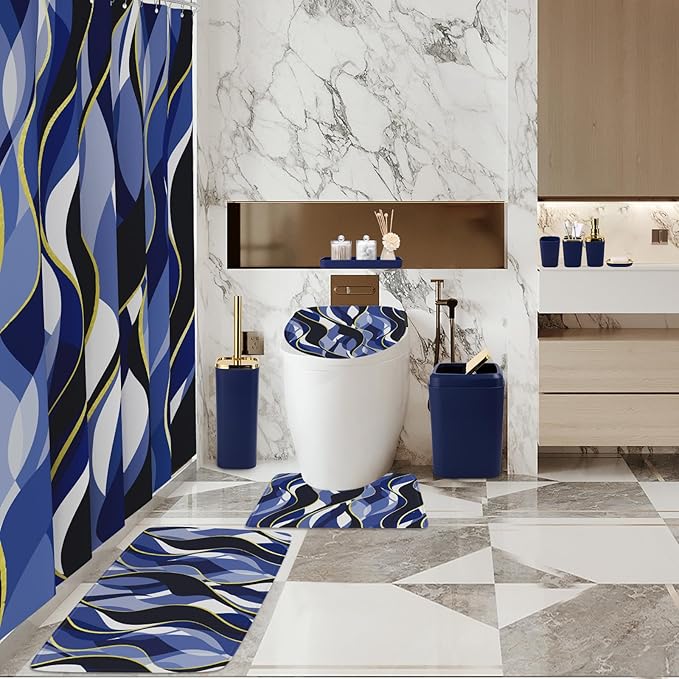 XLHOMO Bathroom Set - Blue and Gold Bathroom Accessories, Bathroom Sets with Shower Curtain and Rugs, Navy Blue Shower Curtain Set with Bathroom Trash Can, Soap Dispenser, Soap Dish for Home Decor