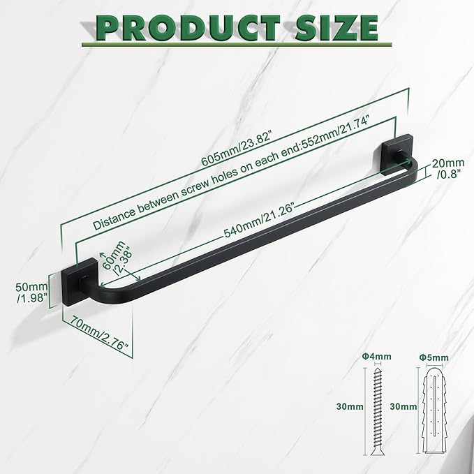 Alise Towel Bar for Bathroom,24'' Towel Holder Black Towel Racks for Bathroom Wall Mount,SUS304 Stainless Steel Towel Rail Towel Hanger for Wall,Matte Black