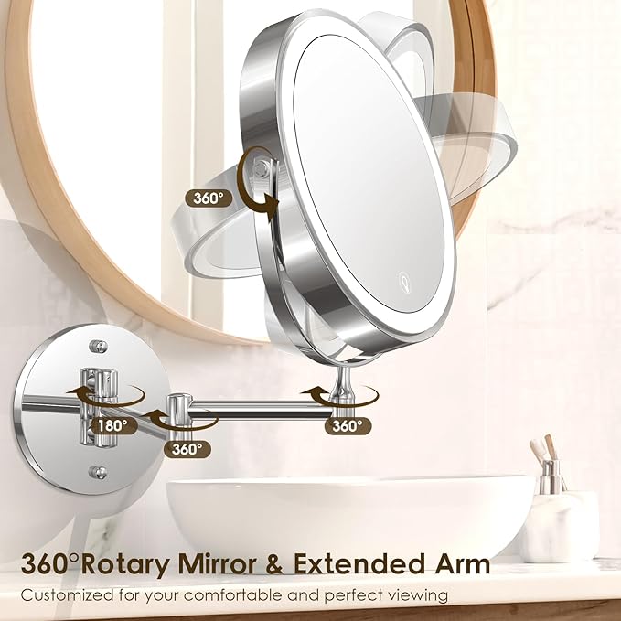 MNIENT Wall Mounted Lighted Makeup Mirror, 8" Rechargeable Double-Sided Light up Magnifying Mirror 1x/10x, 3 Colors Led Vanity Mirror with Lights, Touch Dimmable 360° Rotation Foldable
