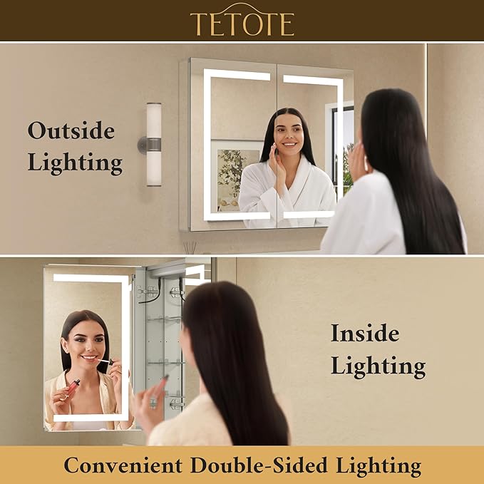 TETOTE 24 x 32 LED Lighted Medicine Cabinet with Lights & Outlets & USB, Recessed or Surface Mount Medicine Cabinet Mirror for Bathroom with Storage, Tempered Glass, 3-Color Dimming, Adjustable Shelf
