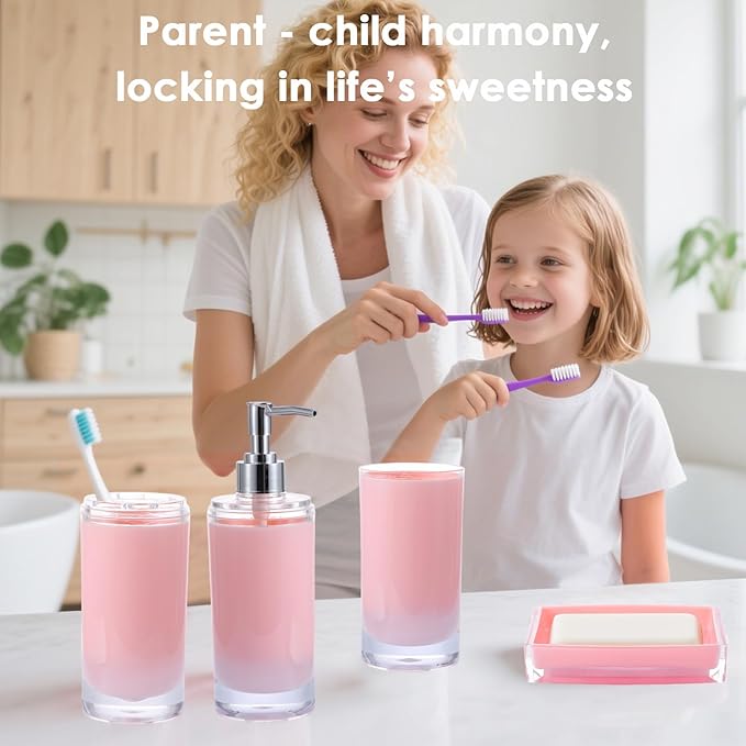 Pink Bathroom Accessories Set 5 Pieces Soap Dispenser and Toothbrush Holder, Tumbler, Soap Dish, Waterproof Labels, Acrylic Sink Countertop Organizer Set, Housewarming Gift with Exquisite Packaging