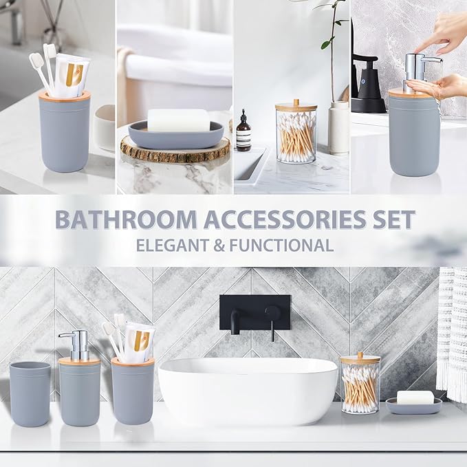 iMucci Bathroom Accessories Set 5Piece Grey Bathroom Sets, Toothbrush Holder, Toothbrush Cup, Lotion Soap Dispenser, Soap Dish and Qtip Holder Bathroom Decor