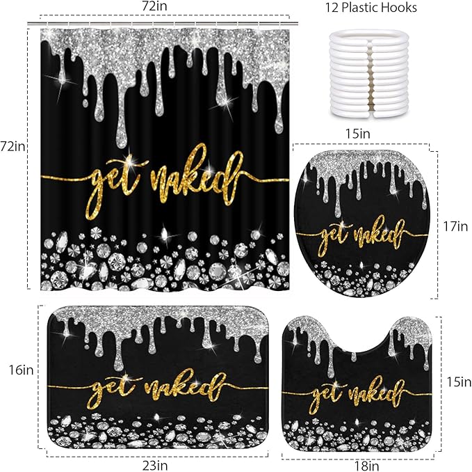 ArtSocket 4PC Gold Get Naked Shower Curtain Sets Diamond Bathroom Decor with Rugs, Non-Slip Rug,Toilet Lid Cover, Bath Mat and 12 Hooks 72x72 inches