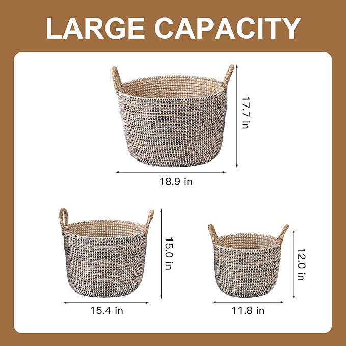 3-Piece Handwoven Seagrass Storage Basket Set with Handles, Large/Medium/Small Wicker Organizer for Laundry, Towels, Toys & Home Decor, Natural Brown