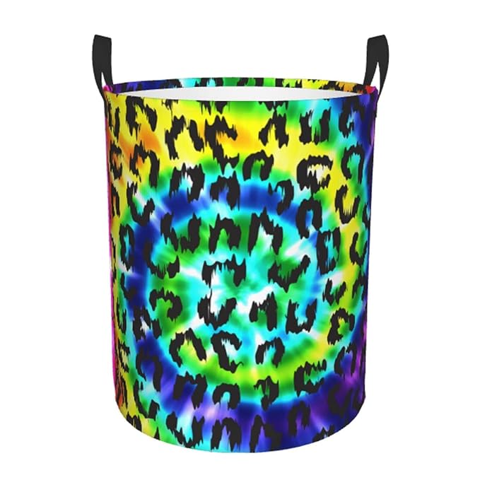 Leopard Round Laundry Hamper Rainbow Tie Dye Storage Basket Toys Clothes Organizer Bin For Home Bathroom Bedroom Dorm Nursery, 38l