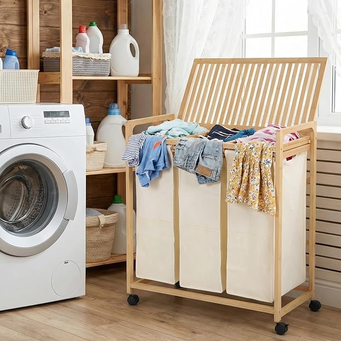 Bamboo Laundry Hamper 3 Section with Lid, 150L Laundry Sorter with Lockable Wheels, Pull-Out Removable Washable Bags, 3 × 12.5 Gal Divided Laundry Baskets for Laundry Room, Bathroom (Beige)