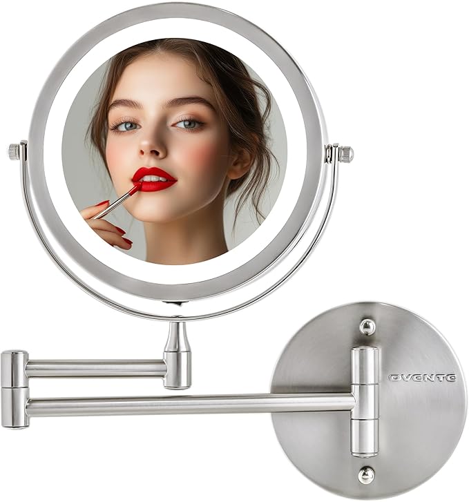 OVENTE Wall Mounted Lighted Makeup Mirror, 7" Double Sided 1X/10X Magnifying Vanity Mirror for Bathroom with LED Lights, Cordless, 360° Rotation and 13" Extendable Arm, Nickel Brushed MFW70BR1X10X