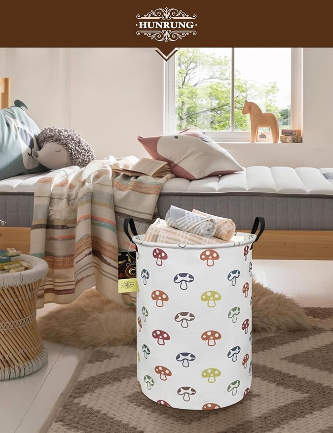 HUNRUNG Laundry Hamper,Large Canvas Fabric Lightweight Storage Basket Toy Organizer Dirty Clothes Collapsible Waterproof for College Dorms(Round-Color Mushroom)