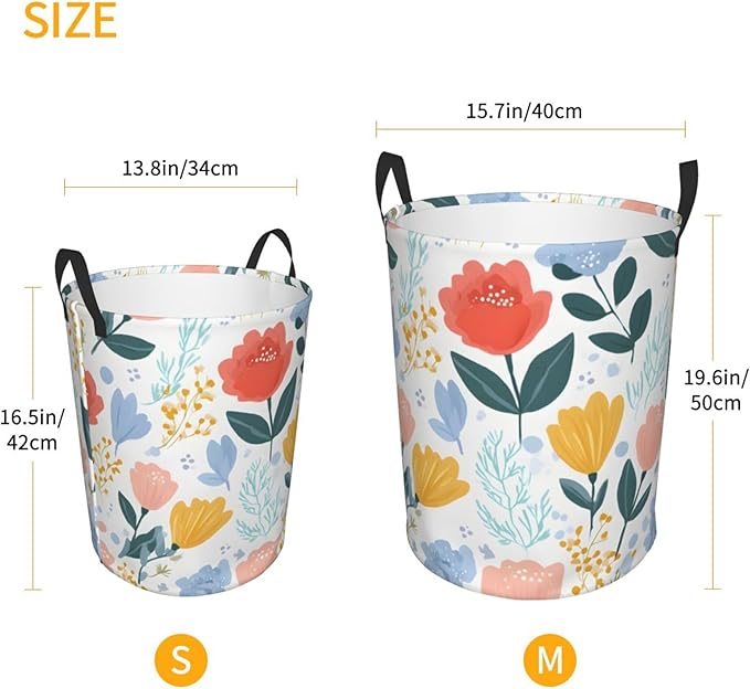Floral Laundry Hamper, Collapsible Storage Basket with Handles for Clothes, Bedroom, Bathroom 19.6 x15.7 Inch