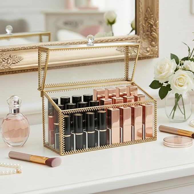 Lipstick Organizer Holder 24 Spaces, Tempered Glass Lip Gloss and Perfume Organizer, Vanity Lipstick Holder with Removable Dividers, Gold