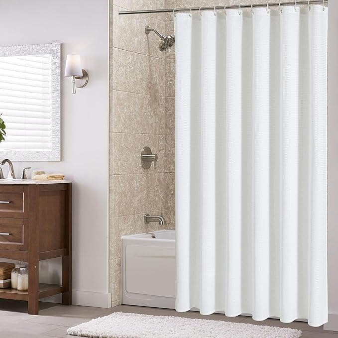 Gibelle Extra Long Shower Curtain 72 x 84, 230GSM Tall Waffle Weave Textured Fabric Shower Curtain for Bathroom, Water Repellent, Machine Washable, White