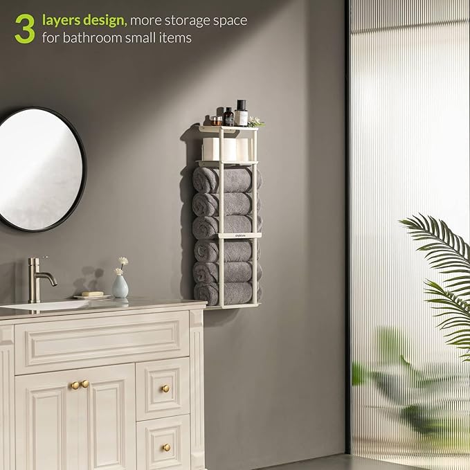 simpletome Towel Racks for Bathroom Storage Shower Organizer 31 inch Wall Mounted with Shelves Can Holds 6 Large Towels Thickened Carbon Steel(Cream White)