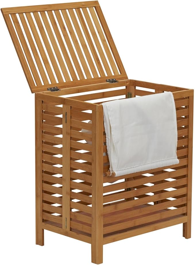 Household Essentials Bamboo Laundry Hamper, Slated Hamper with Natural Cotton Bag, Removable Bag and Foldable Frame, Chic and Environmentally Friendly