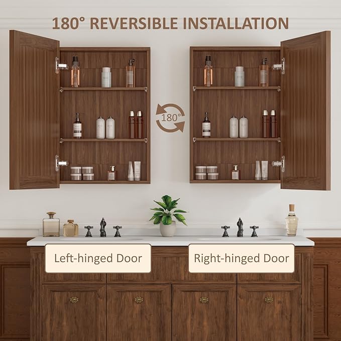 Buruis 16 x 24 Inch Walnut Grain Medicine Cabinet with Mirror, Recessed or Wall-Mounted Wood Storage Cabinet for Bathroom, Adjustable Shelves, Soft-Close Hinges, Rectangle