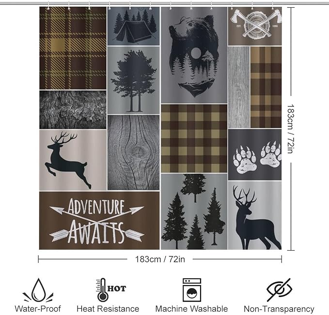 Rustic Plaid Bear Cabin Shower Curtain Sets with Rugs 4 Piece Accessories Bathroom Curtains Shower Set Include Shower Curtain Non-Slip Rug Toilet Lid Cover Bath Mat One Size