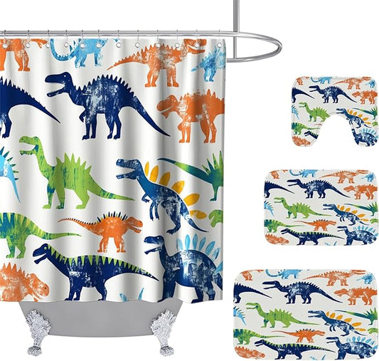 Colorful Cute Dinosaur Bathroom Sets with Cartoon Funny Kids Boys Shower Curtain and 20 x 31 Rugs Bathroom Accessories Sets Decor with Bath Rug, Bath Mat, U-Shaped Contour and Hooks 72 x 72 Inch