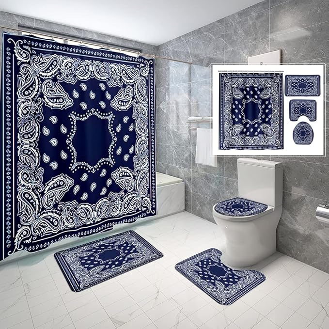4 Piece Western Shower Curtain Waterproof White and Blue Geometric Line White Bandana Bathroom Sets with Non-Slip Rugs, Toilet Lid Cover and Bath Mat with Standard Size